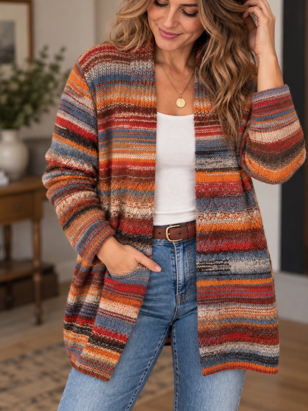 Orvis 100% wool multicolored striped open boho cozy cardigan sweater - Picture 1 of 6